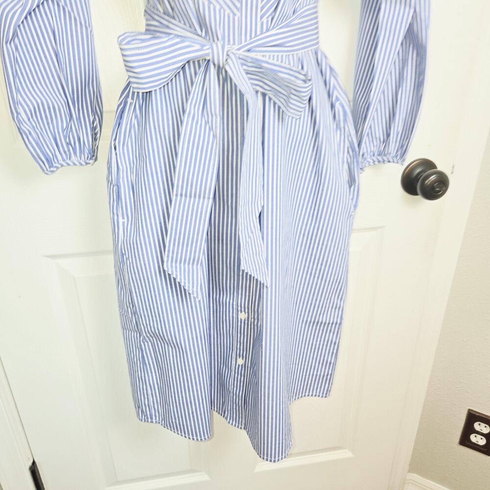 J Mclaughlin Striped Shirt Dress Medium Blue Midi Bow Belt Pockets Nautical - Picture 3 of 11